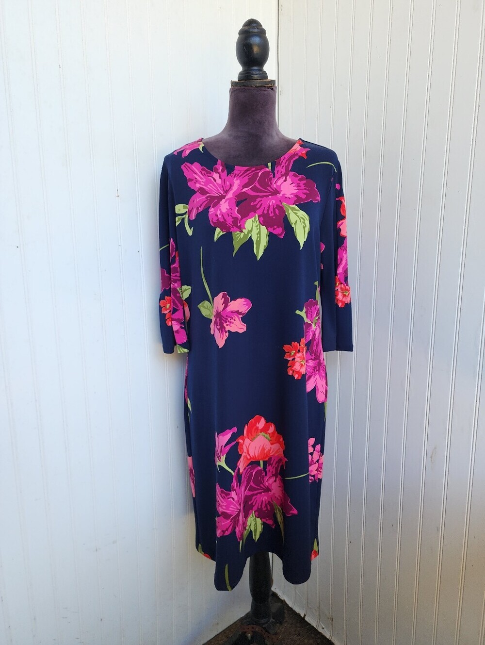 Alexandra + Oak Womens Navy Blue Pink Floral Jersey Dress Knee Length Sz M